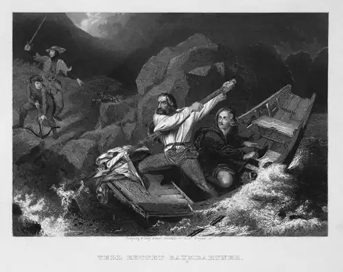 Tell rettet Baumgartner - Baumgartner Tell Rettung rescue Boot boat Stahlstich steel engraving antique print