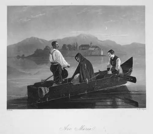 Ave Maria - Boot Männer men Frau woman Bootsfahrt boat trip Stahlstich steel engraving antique print