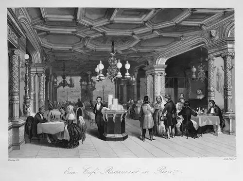 Ein Cafe Restaurant in Paris - Paris Cafe Restaurant Frankreich France Stahlstich steel engraving antique prin