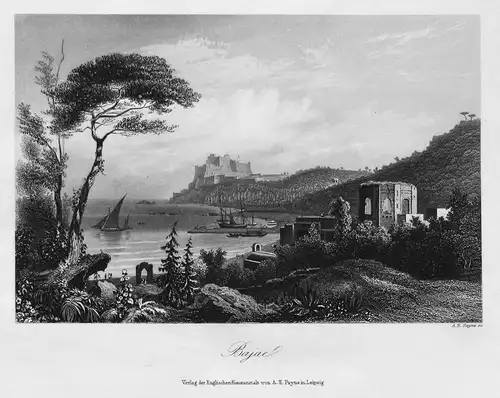 Bajae - Baiae Baia Bacoli Ruinen ruins Italien Italia Italy Ansicht view Stahlstich steel engraving antique pr