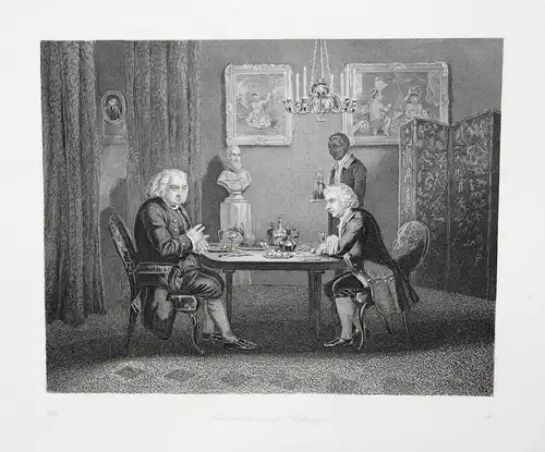 Goldsmith und Johnson - Oliver Goldsmith Samuel Johnson Essen dinner Stahlstich steel engraving antique print