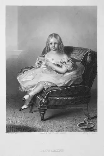 Catharine - Catherine Mädchen girl Sessel armchair Schere scissors Stahlstich steel engraving antique print