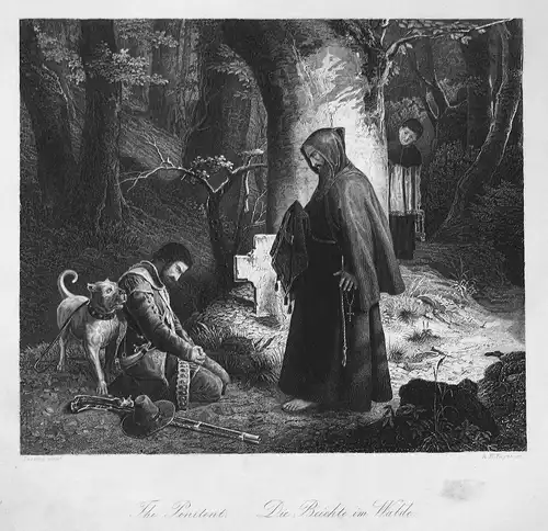 The Penitent - Die Beichte im Walde - Mönch Mann Beichte Wald monk man confession wood Ansicht view Stahlstich