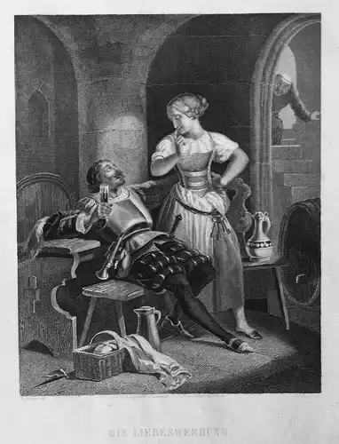 Die Liebeswerbung - Mann Frau man woman Ritter knight Magd wench Stahlstich steel engraving antique print