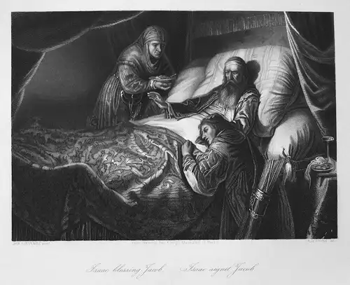 Isaac blessing Jacob - Isaac segnet Jacob - Isaak Jakob Segen blessing Bett bed Stahlstich steel engraving ant