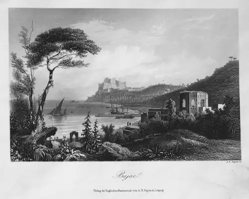 Bajae - Baiae Baia Bacoli Ruinen ruins Italia Italy Italien Ansicht view Stahlstich steel engraving antique pr