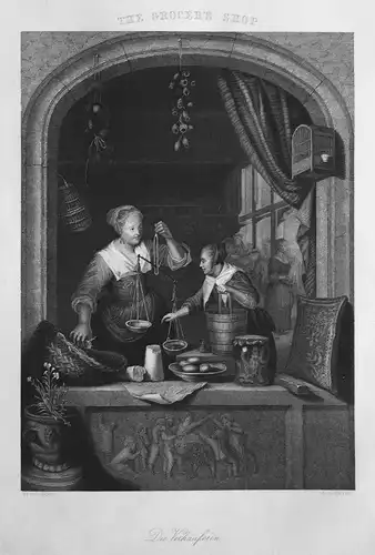 Die Verkäuferin - Verkäuferin saleswoman Lebensmittel food Essen Stahlstich steel engraving antique print