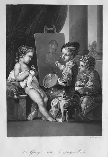 The Young Painter / Der junge Maler - Maler painter Junge boy Kinder children Stahlstich steel engraving antiq