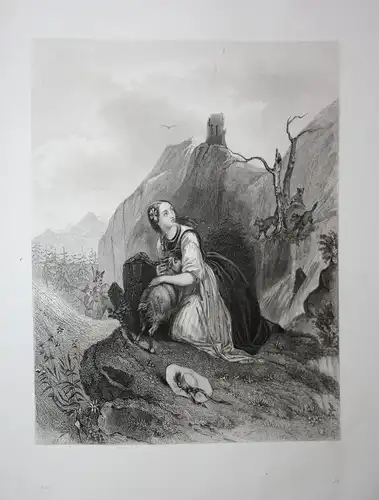 Hirtin Frau Ziege Wölfe shepherdess woman goat wolves Stahlstich steel engraving antique print