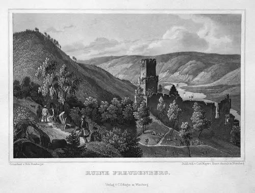 Ruine Freudenberg - Burg Freudenberg Baden-Württemberg Ansicht view Stahlstich steel engraving antique print B