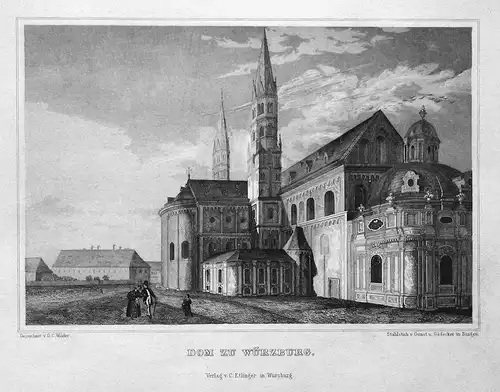 Dom zu Würzburg - Würzburg Bayern Dom Kirche Ansicht view Stahlstich steel engraving antique print Bamberger