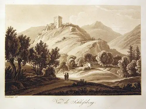 Vue de Schlossberg - Burg Fragenstein Zirl Tirol  Ansicht view Sepia Aquatinta aquatint antique print