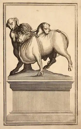 Statue statue Stier bull Löwen lions Kampf fight Kupferstich engraving antique print