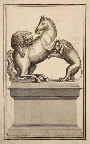 Statue statue Pferd horse Löwen lions Kampf fight Kupferstich engraving antique print