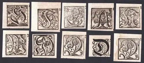 Konvolut von 10 Ornament Kupferstich-Buchstaben ornament letters antique print gravure copper engraving