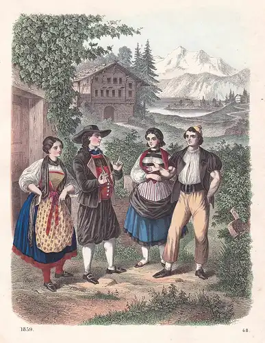 Schweizertrachten - Tracht costume Schweiz Suisse Svizzera Einwohner people Lithographie lithograph antique pr