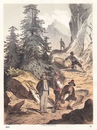 Gebirge Berg mountain Bauern farmers Schlittenrutsche Lithographie lithograph antique print