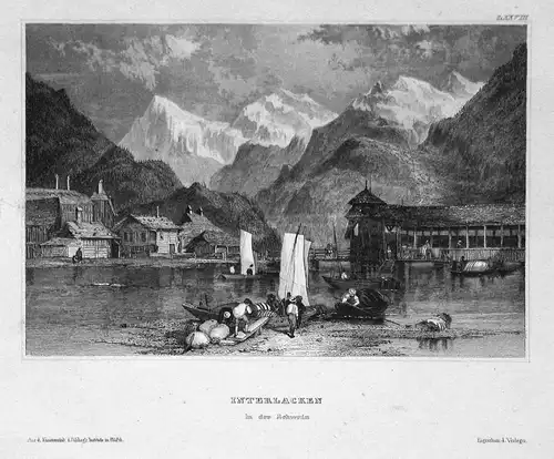 Interlacken in der Schweiz - Interlaken Suisse Svizzera Schweiz Ansicht view Stahlstich steel engraving antiqu