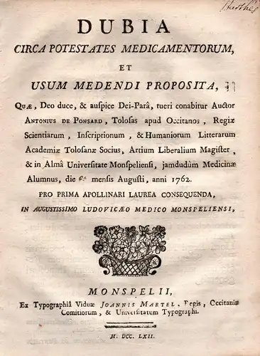 Dubia circa potestates medicamentorum et usum medendi proposita quae...tueri conabitur