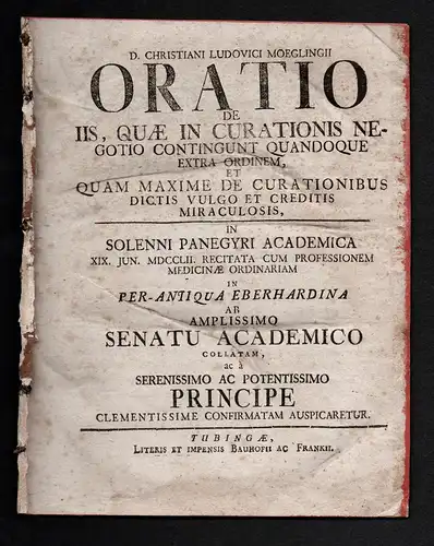 Oratio de iis, quae in curationis negotio contingunt quandoque extra ordinem et quam maxime de curationibus di
