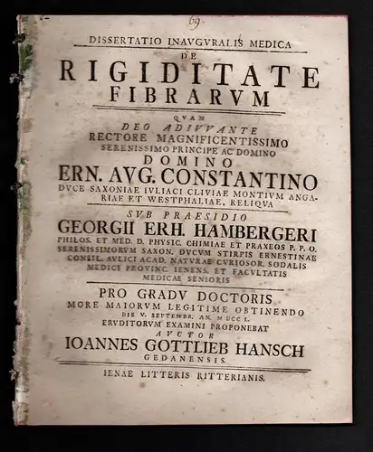 Dissertatio Inauguralis Medica de Rigiditate Fibrarum