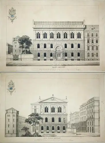 Zwei original Architektur-Entwürfe für das Freimaurer-Logenhaus Minerva zu den drei Palmen in Leipzig. (Haupt-
