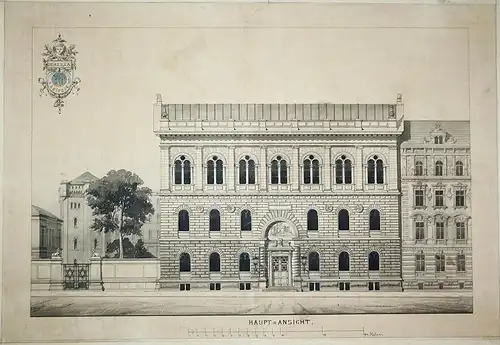 Zwei original Architektur-Entwürfe für das Freimaurer-Logenhaus Minerva zu den drei Palmen in Leipzig. (Haupt-