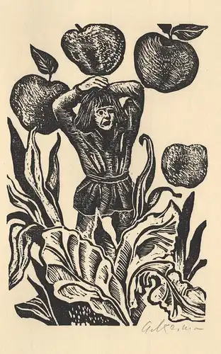 (Äpfel, Mann) Originallinolschnitt und Linolinitiale von Helmut Ackermann zu Gullivers Reisen von Jonathan Swi