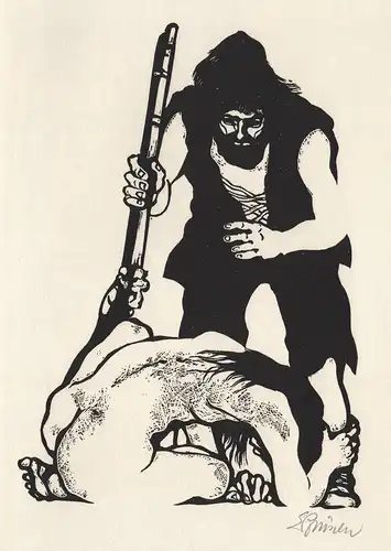 (Jäger, nackte Frau) Original-Linolschnitt von Eduard Prüssen zu Daniel Defoe Robinson Crusoe