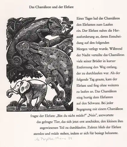 (Elefant, Chamäleon) Original-Holzstich von Gertraud Brylka-Thieme zu einer afrikanischen Fabel.