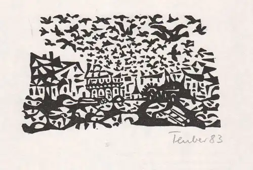 (Dorf mit Vögel) Original-Linolschnitt von Gottfried Teuber aus dem Buch Braunauer Sagen
