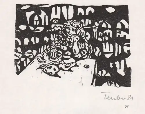 (Frau am Tisch) Original-Linolschnitt von Gottfried Teuber aus dem Buch Braunauer Sagen