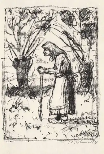 (Frau mit Kopftuch) Original-Lithographie von Robert Kirchner zu einem Gedicht von Heinrich Heine.