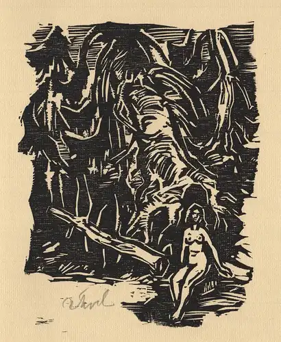 (Frau) Original-Holzschnitt von Rudolf Koch zu einem Gedicht von Johann Wolfgang von Goethe.