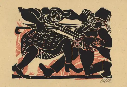 (kämpfendes Paar) Zweifarben-Originallinolschnitt von Heinrich Eugen zu Alphonse Daudet Tartarin von Tarascon