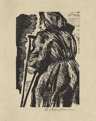 (alte Frau) Original-Linolschnitt von Helmut Ackermann zu Heinrich von Kleist Das Bettelweib von Locarno.