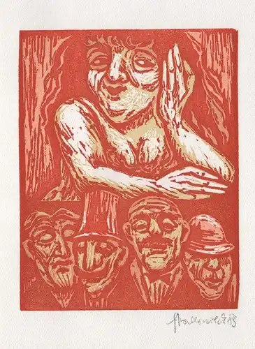 (Frau mit Männer) Dreifarben-Originalholzschnitt von Gertrud Boernieck zu der Erzählung Das Haus Tellier von G