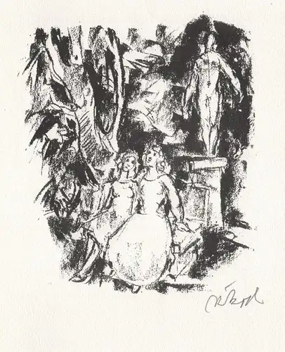 (Frauen im Garten) Original-Lithographie von Rudolf Koch zu Hugo von Hofmannsthals Der Tor und der Tod.