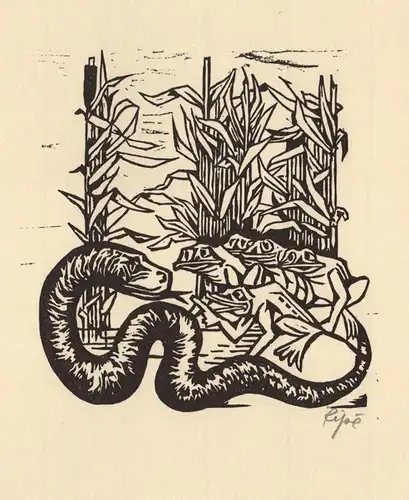 (Schlange, Frösche) Original-Linolschnitt von Hermet Ripe zu der Fabel Die Wasserschlange von Gotthold Ephraim