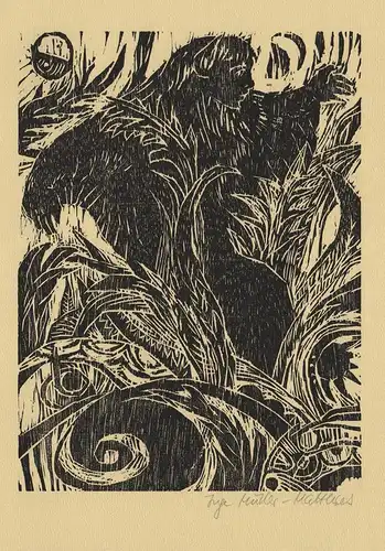 (Frau im Wald) Original-Holzschnitt von Inge Müller-Matthies zum ersten Kapitel des Buches Habakuck und Hibbel