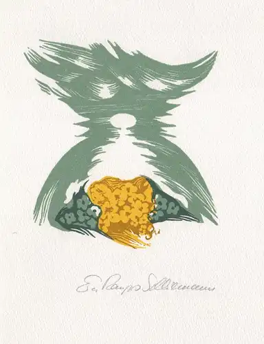 Dreifarben-Original-Linolschnitt von Eva Schliemann zu einem Gedicht von Fritz Usinger.