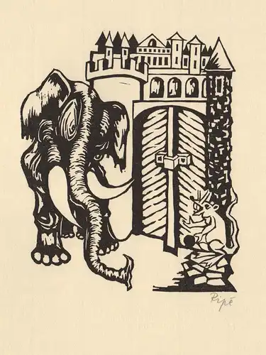 (Schloß, Burg mit Elefant und Maus) Original-Linolschnitt von Hermet Ripe zu der Fabel Der Elefant und die Mau