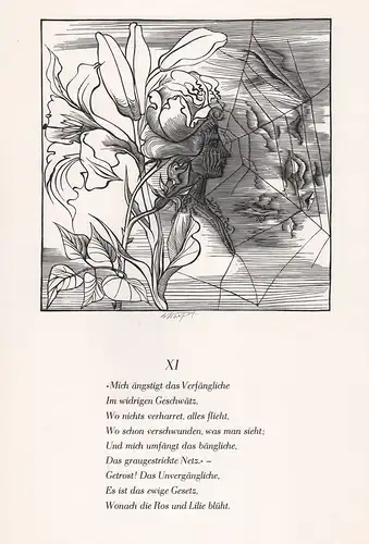 (Frau mit Blumen und Spinnennetz) Original-Holzschnitt von Wolfgang Würfel mit Text in der Original-Typographi
