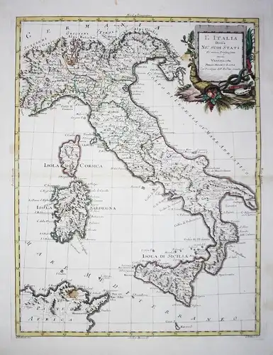 L'Italia divisa ne' suoi stati. Di nuova Projezione. - Italia Italy Sicilia Sardegna Corsica Corse Karte map