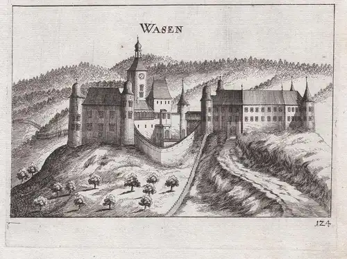 Wasen - Waasen Weinburg Ansicht Sankt Pölten-Land Kupferstich antique print