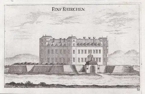 Finf Khirchen - Schloss Fünfkirchen Steinebrunn Drasenhofen Kupferstich antique print