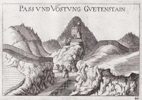 Pass und Vöstung Guetenstain - Burg Gutenstein Ansicht Österreich Kupferstich antique print