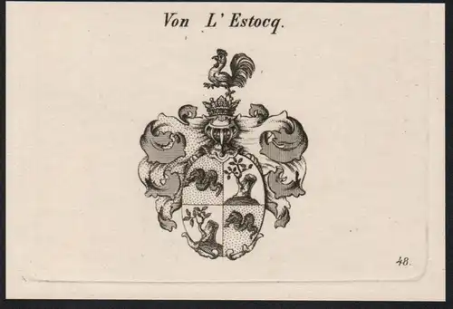 Von L'Estocq Wappen coat of arms Heraldik Kupferstich antique print