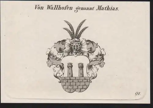Von Wallhofen genannt Mathias Wappen coat of arms Heraldik Kupferstich antique print