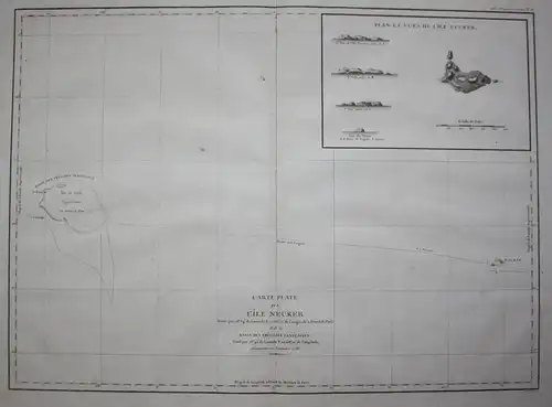 Carte Plate de l'Ile Necker situee par 23.34.' de Latitude N, et 166.52' de Longitude a l'Ouest de Paris et de